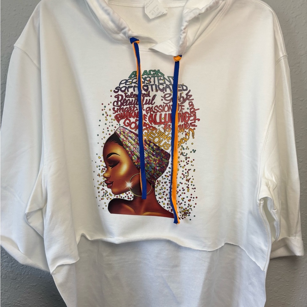 High Low White Hoodie with Colorful Graphic Design